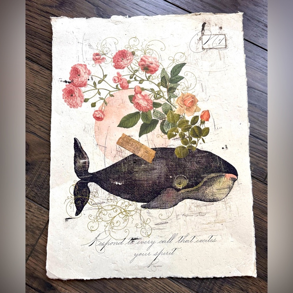Postcard art wall decor Whale and Flowers 12x14”